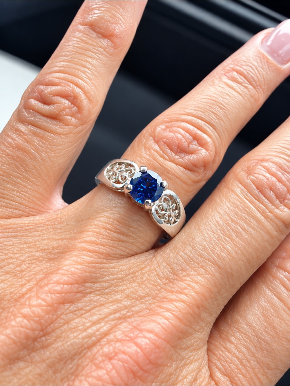 925 Sterling Silver Blue Sapphire Ring Filigree Size 6.5 w/ Report